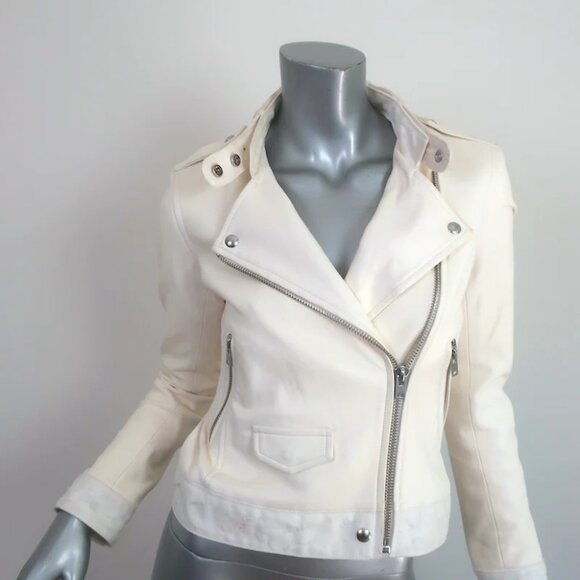 IRO Mazey Leather and Denim trim Women’s Cream Biker Jacket - Picture 1 of 11